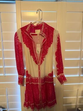 Lilly Pulitzer Pink and White Embroidered Long Sleeve Shirt Dress